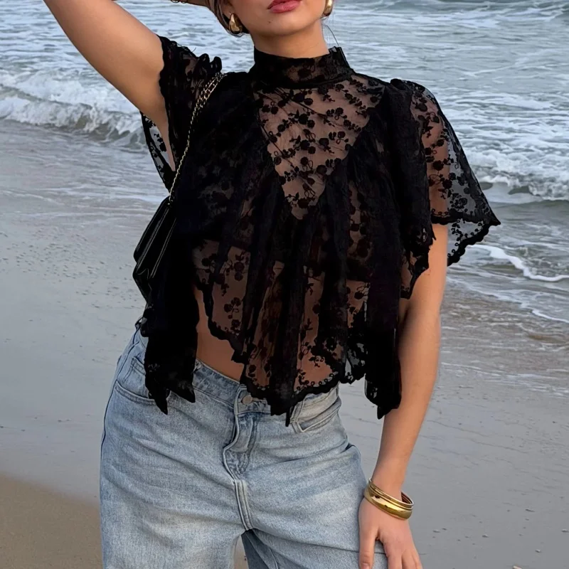 Women Summer Lace T-Shirt Casual Sheer Irregular Ruffled Flutter Sleeves Shirts Tops for Streetwear Kawaii Clothes Cover Ups