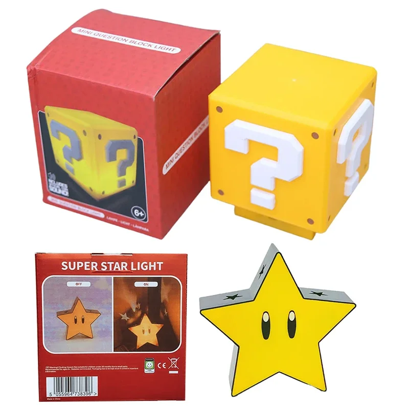 Super Mario Bros LED Question Mark BrickNight Light Figure Star Lamp Statue USB Charging Table Lamp Game Toy Kids Christmas Gift