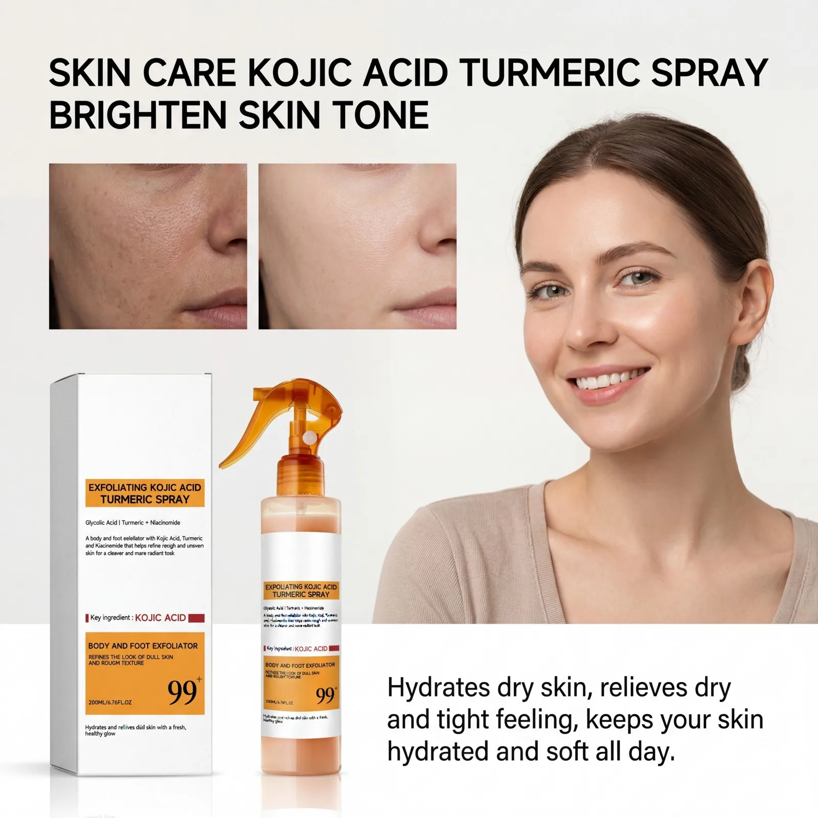 New 2026 Kojic Acid Turmeric Body Spray Exfoliating Spray Glycolic Acid Brightening Smoothing Rough Skin Hydrating 200ml