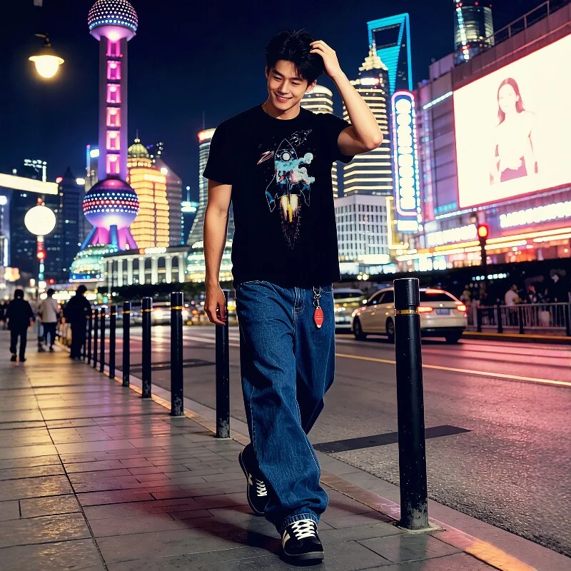 European High-End Fashion Men's Black round Neck Short Sleeve T-Shirt Rocket Print Trendy Top for 2026