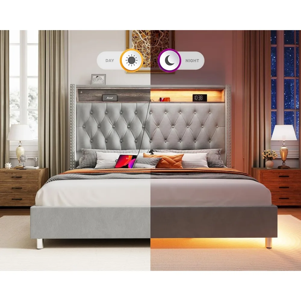 Bed Frame with LED Lights and Charging Station,No Box Spring Needed,Velvet Tall Upholstered Platform Bed Wingback Headboard,Beds