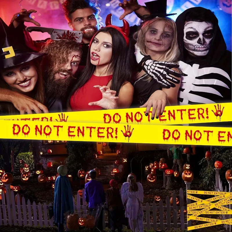 血まみれの手形付きハロウィン注意テープ - ホラーテーマのパーティーの装飾、バリア用の24.99メートルのプラスチック警告リボン