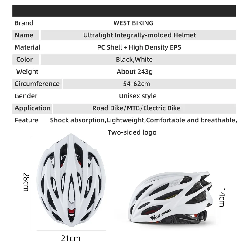 WEST BIKING Ultralight Cycling Helmet Integrated Molding MTB Road Bike Helmet Men Women Cycling Safety Cap Bike Accessories