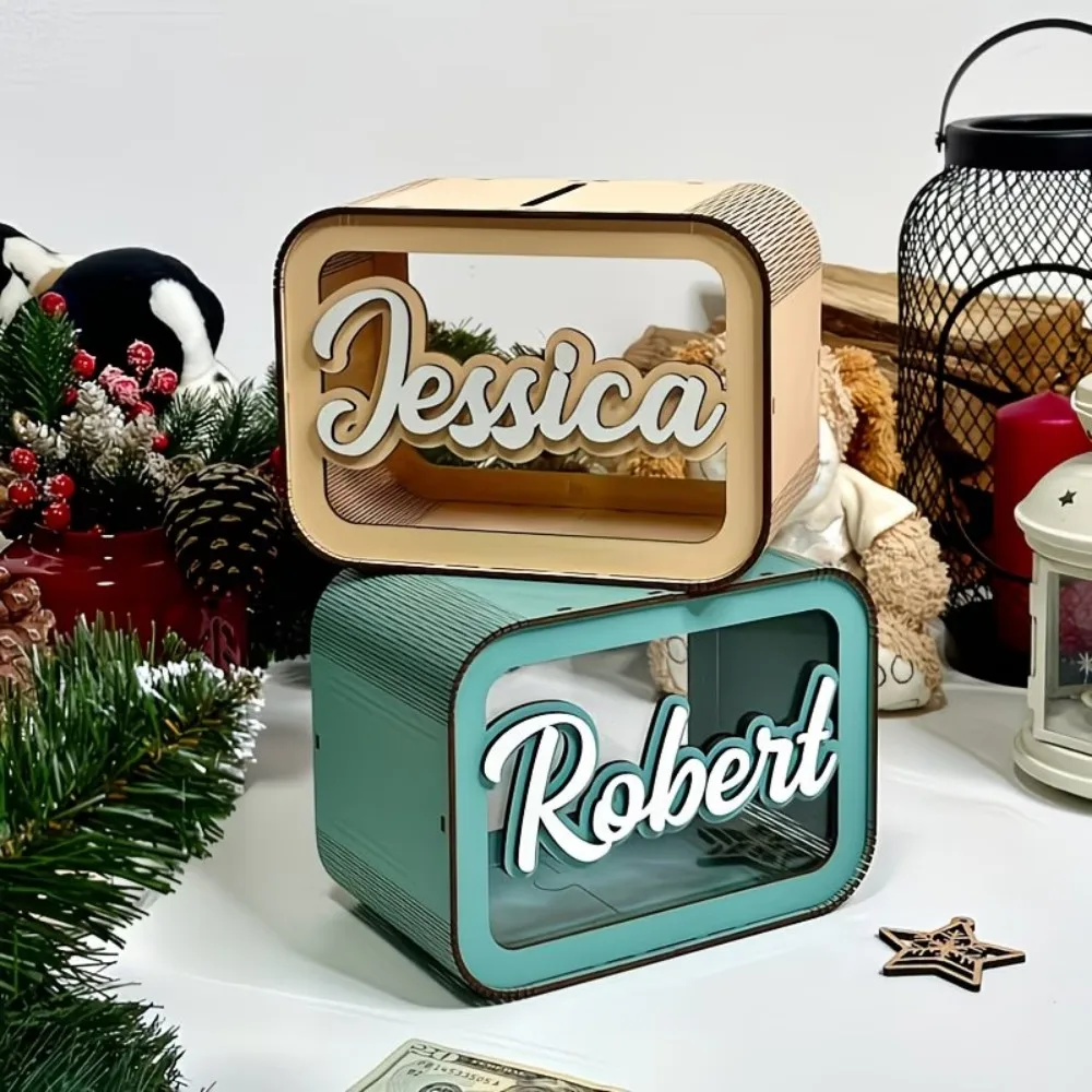 1 Stück Personalisierte Holz-Spardose, Gravierte Sparbüchse mit Namen, Geburtstags- und Weihnachtsgeschenk für Jungen und Mädchen – Detail 1