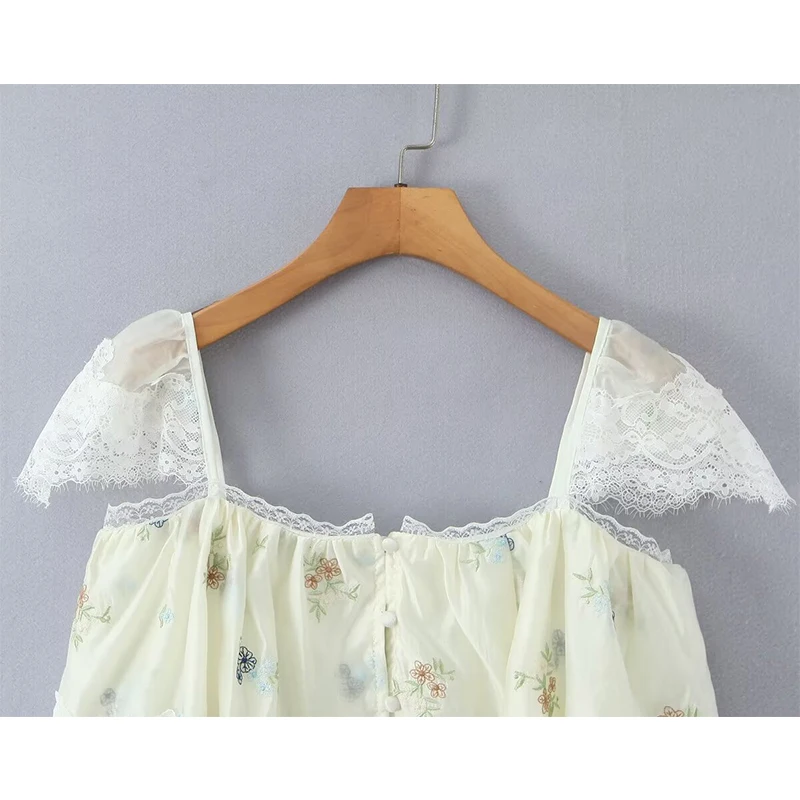 YENKYE Camicetta estiva sexy con ricamo floreale per ragazza dolce, finiture in pizzo, collo quadrato, manica corta, top corto per le vacanze