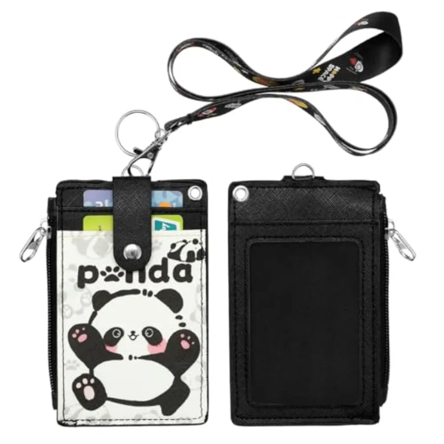 Cute ID Badge Holder with Detachable Lanyard, PU Leather Wallet and Key Ring Adorable Panda ID Card Holder Black,Zippered Pocke