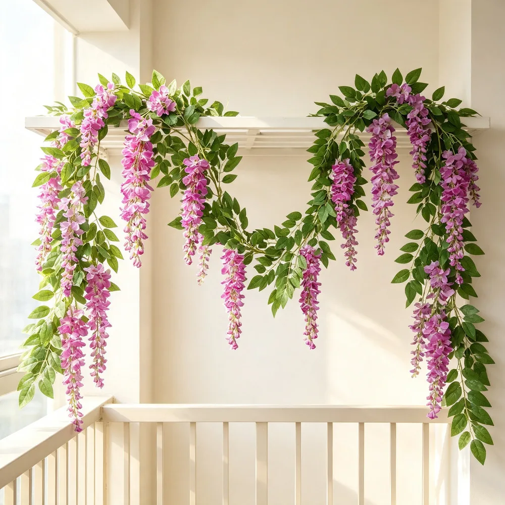 1pc 2M Artificial-Wisteria Flower Vine Ceiling Hanging Flower Garland Air Conditioning Pipes Cover Decoration Silk Flowers