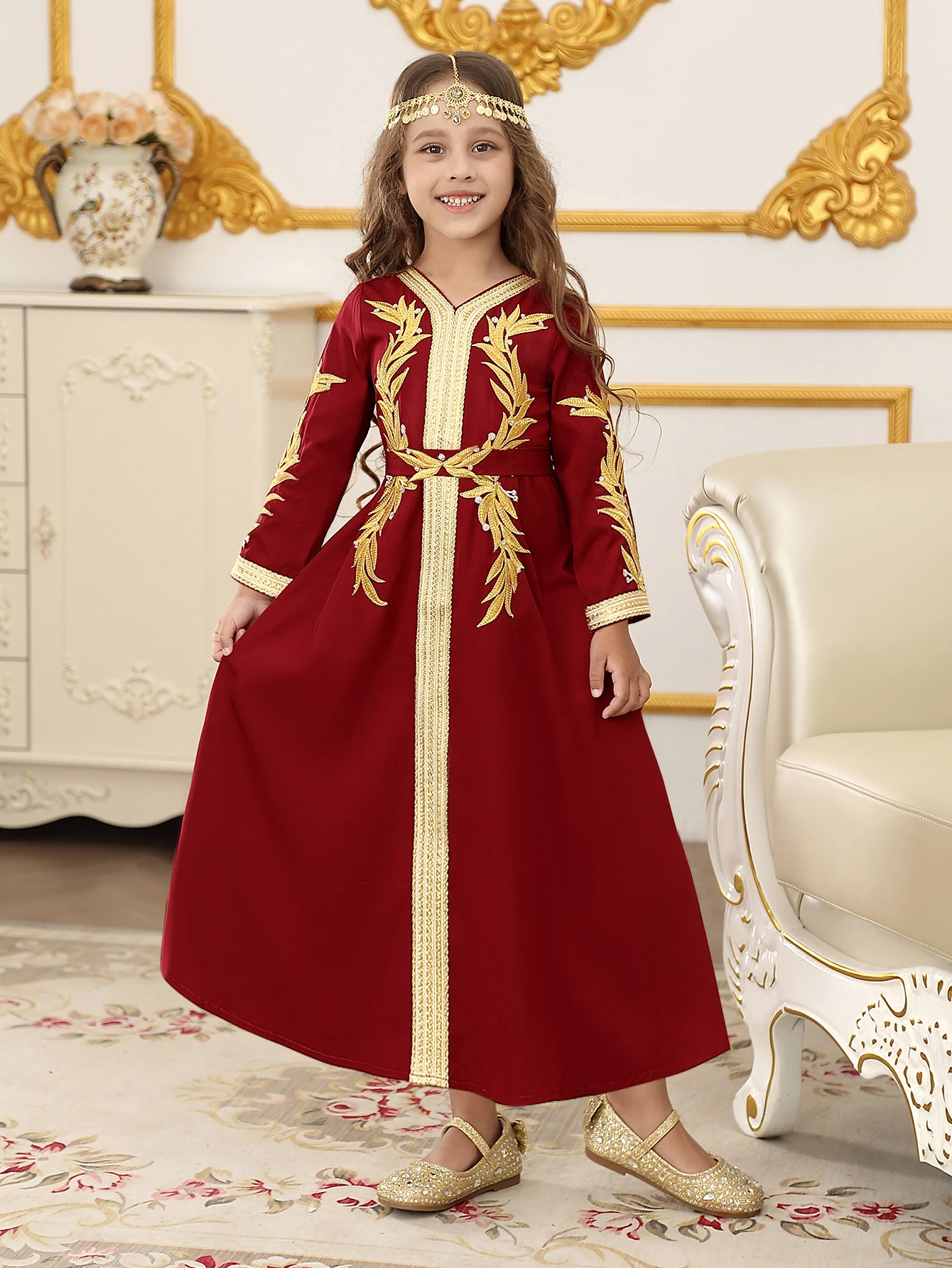 שמלות ארוכות לילדות מזרח התיכון בדובאי, שמלות ערביות עם שרוולים ארוכים משי לילדות, שמלות לחג הרמדאן