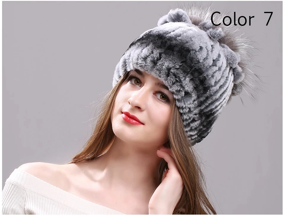 Strickmütze für Damen, 100 % echte Rex-Kaninchenfellmütze mit Blumen, Oberteile, warme, hochwertige Beanie-Damenmütze aus echtem Pelz für den Winter – Detail 21