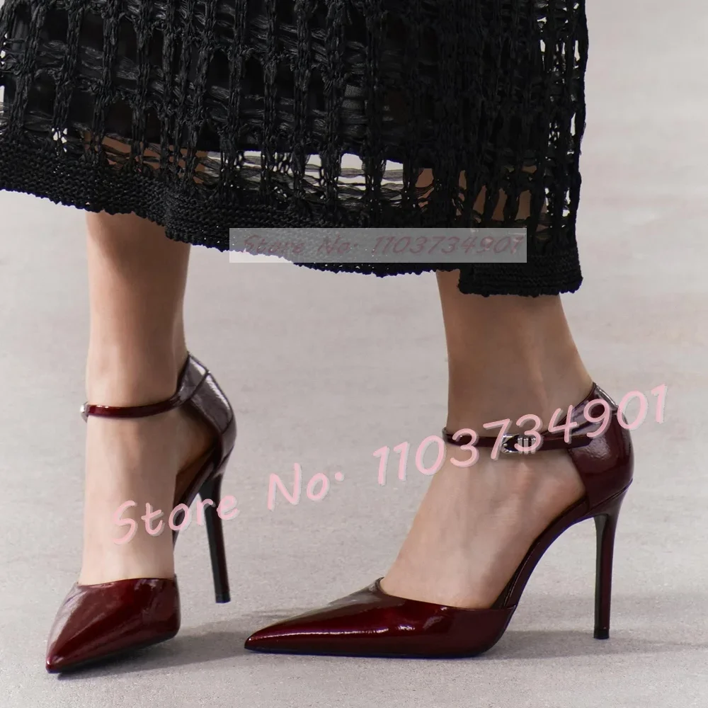 

Burgundy Pointed Toe Cover Heel Sandals Women Concise Stiletto High Heels Casual Shoes Female Shiny Leather Ankle Strap Sandals