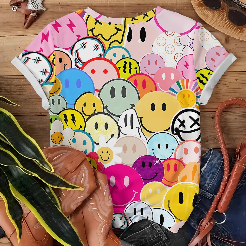 Camiseta informal con estampado de cara sonriente para mujer de arcoíris, diseño divertido multicolor, moda informal, cómoda, manga corta de verano