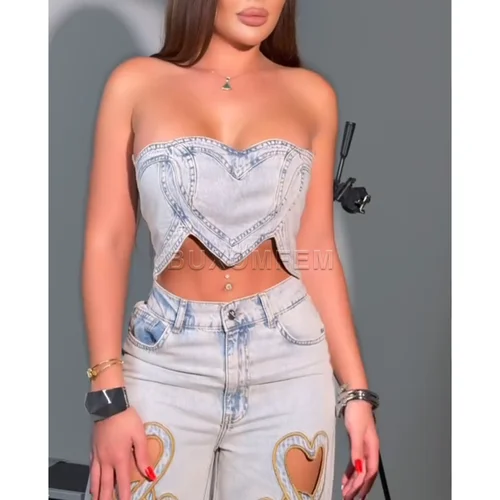 Imagen 2 del producto Conjunto de pantalones vaqueros de pierna recta con huecos en forma de corazón de cintura alta, pantalones vaqueros sueltos para mujer, ropa de calle, pantalones de pierna ancha elegantes, pantalones vaqueros