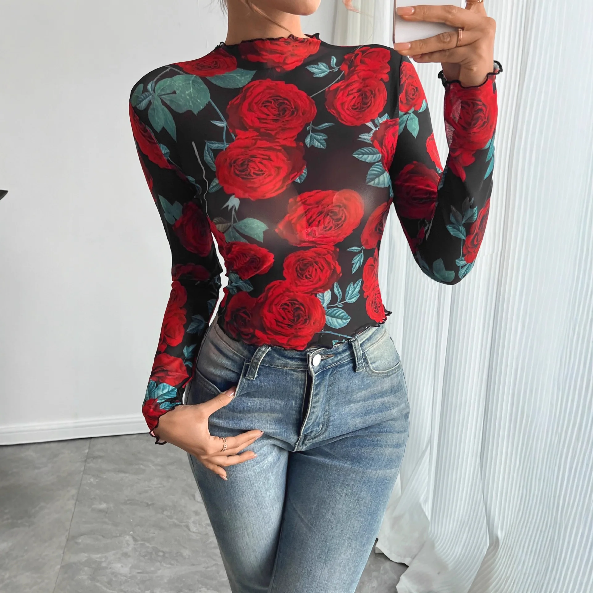 

2025 Autumn Winter New Women's Transparent Rose Floral Print Long Sleeve Small Stand-up Collar Woman Clothing Top Women T-shirt