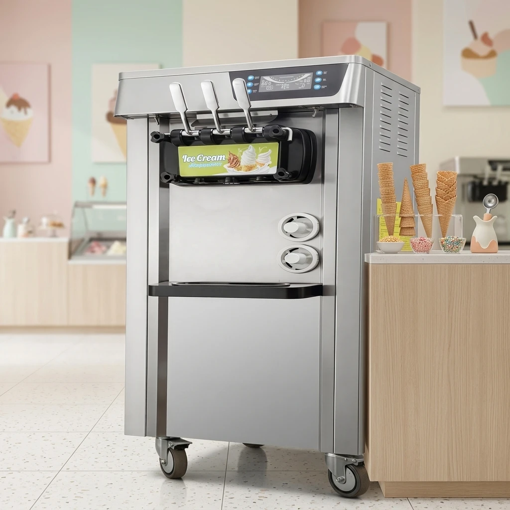 

Commercial New Automatic Soft Serve Milk Ice Cream Machine 3 Flavors Desktop Maker Stainless Steel 304 Bakery Cafe