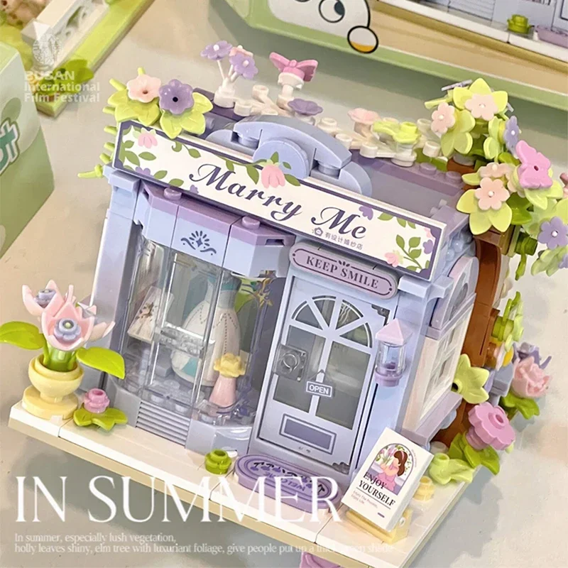 Kawaii Flower Shop Street Scene Assembled House Building Blocks Model Children Diy Small Toys Ornaments Girls Gift Collection