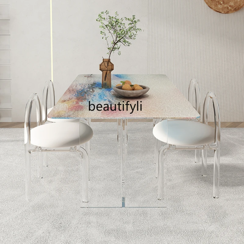 

CXH Rainbow Acrylic Dining Table Crystal Chair Small Apartment Modern Simple Rectangular Suspension Table