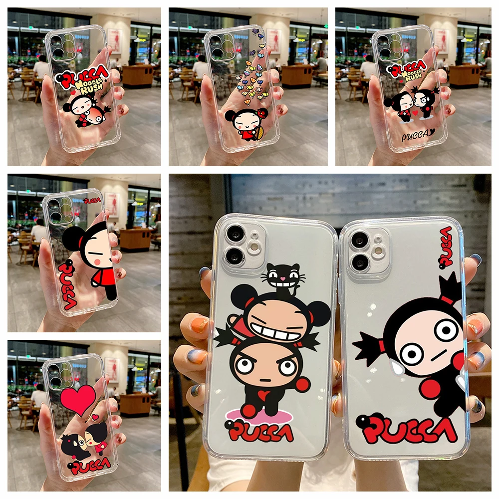 For IPhone 14 PRO Fashion Cute Cartoon Pucca Phone Case for IPhone 13 11 12 Pro XR XS MAX 8 X 7 14 Plus Transparent Delete Cover