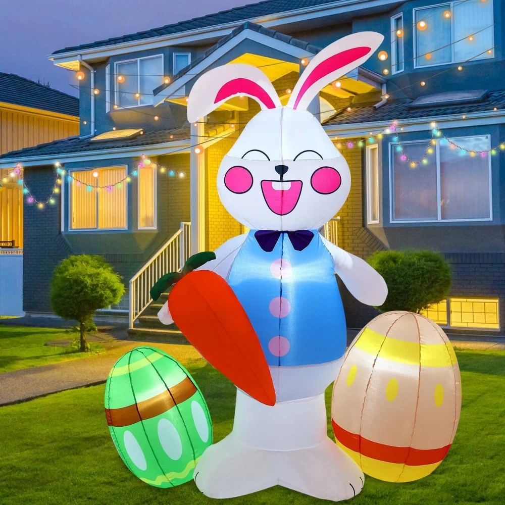 

6FT/1.8M Inflatable Easter Decoration Rabbit Holding Easter Eggs Carrot Outdoor Yard Garden Ornament Easter Party Decor Gifts