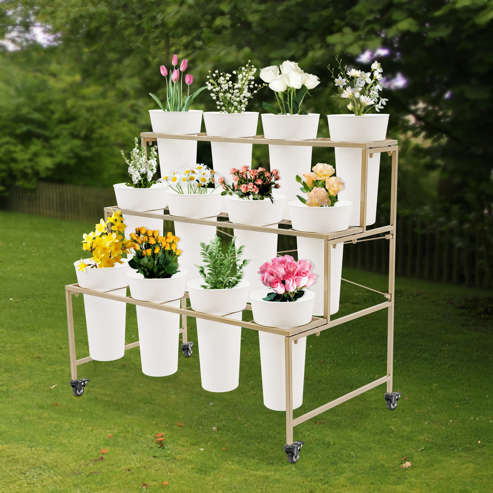 

Golden&White Flower Display Stand With Wrench - Separately Shipped(Stand+12 Buckets), Fits Roses/Sunflowers/Lilies