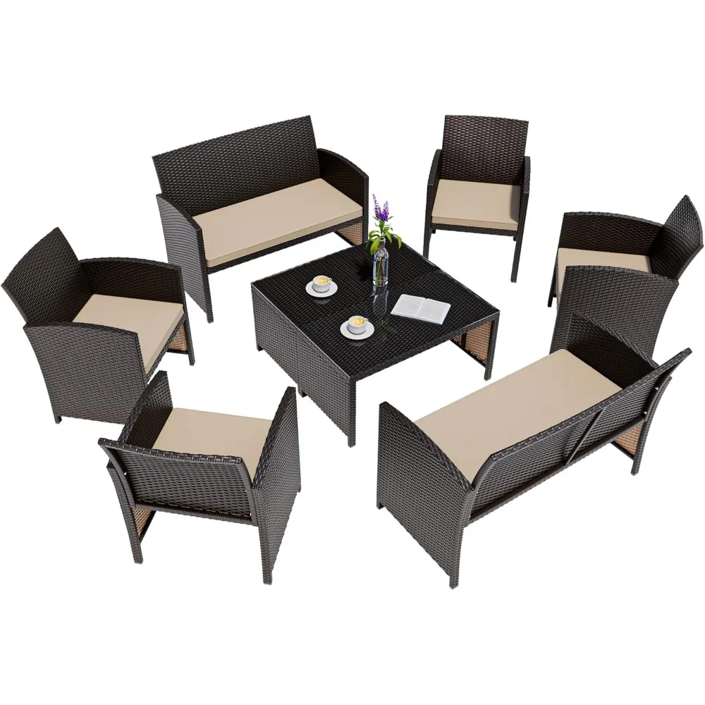 

8-piece outdoor terrace furniture set, PE rattan chairs garden conversation set, with tempered glass table and sofa