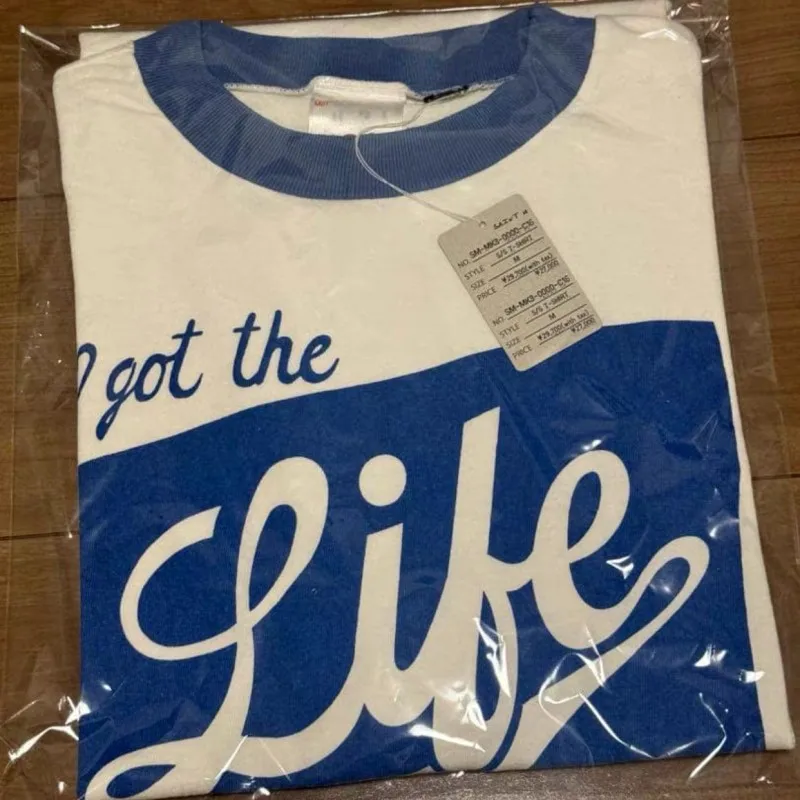 Blue Contrasting Saint Tshirt Breathable Fabric White Off Shoulder Short Sleeve I Got The Life Letter Print Men Women Streetwear