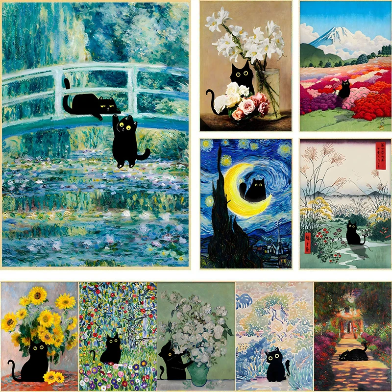 Funny Black Cat World Famous Painter Monet Van Gogh Gustav Masterpiece Artwork Poster Canvas Painting Wall Art Home Room Decor