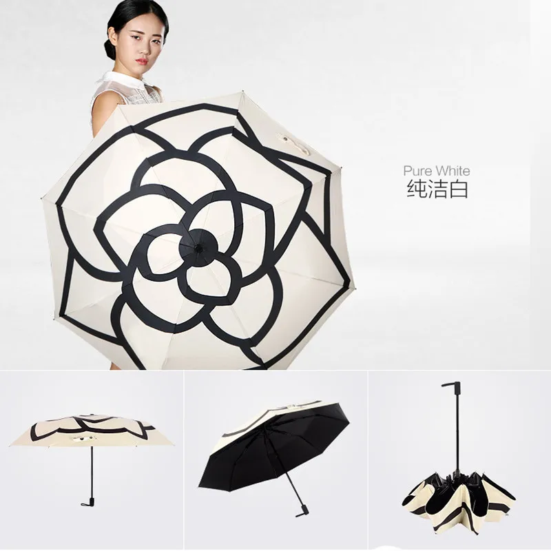 Camellia Outdoor Vinyl Rubber Handle Manual Umbrella Sun Shade Tri-fold Umbrella