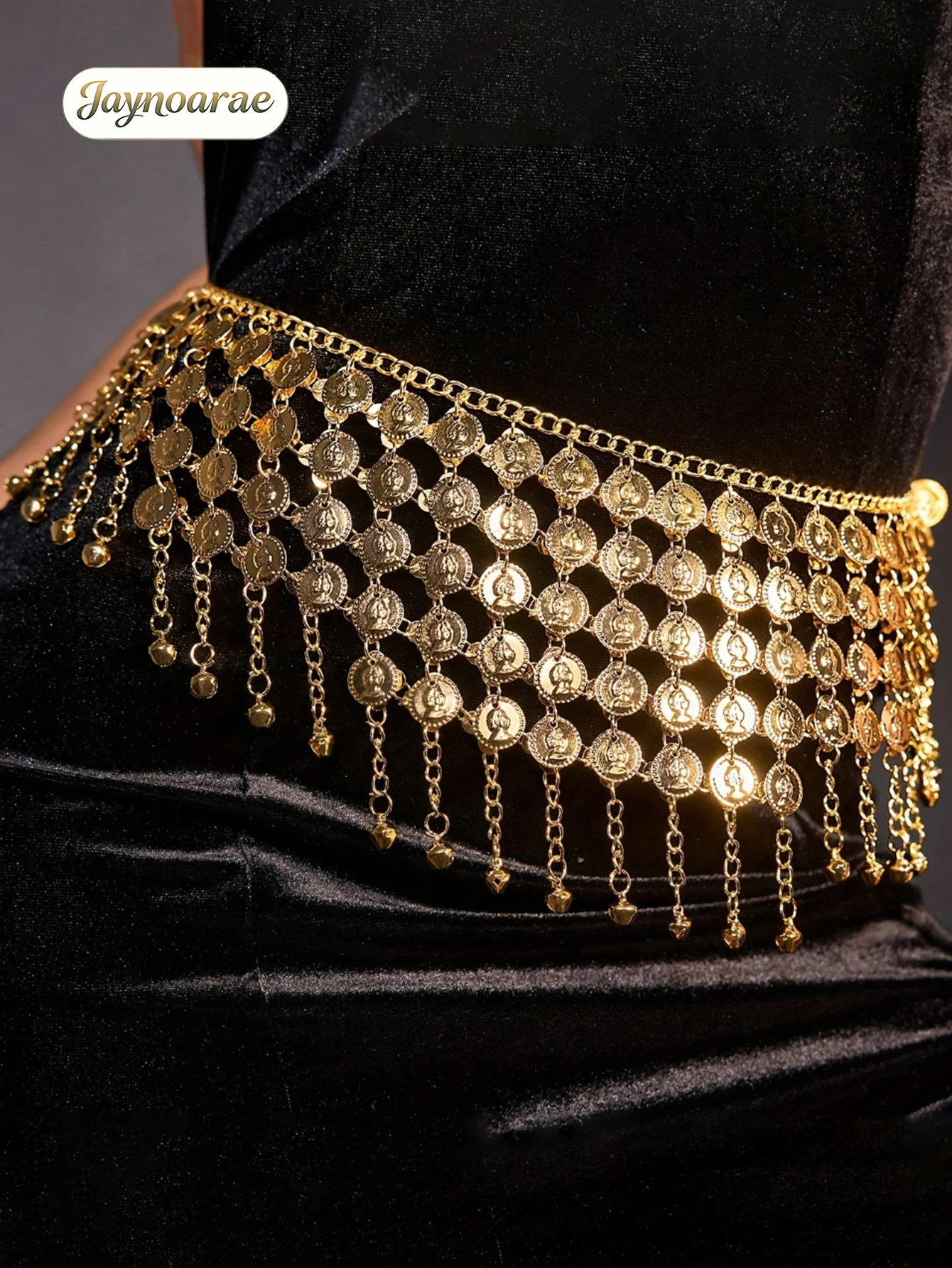 JAYNOARAE Boho Golden Coin Women's Belly Dance Gypsy Hip Skirt Scarf Wrap Belt for Cosplay Halloween Costume Accessory view 2