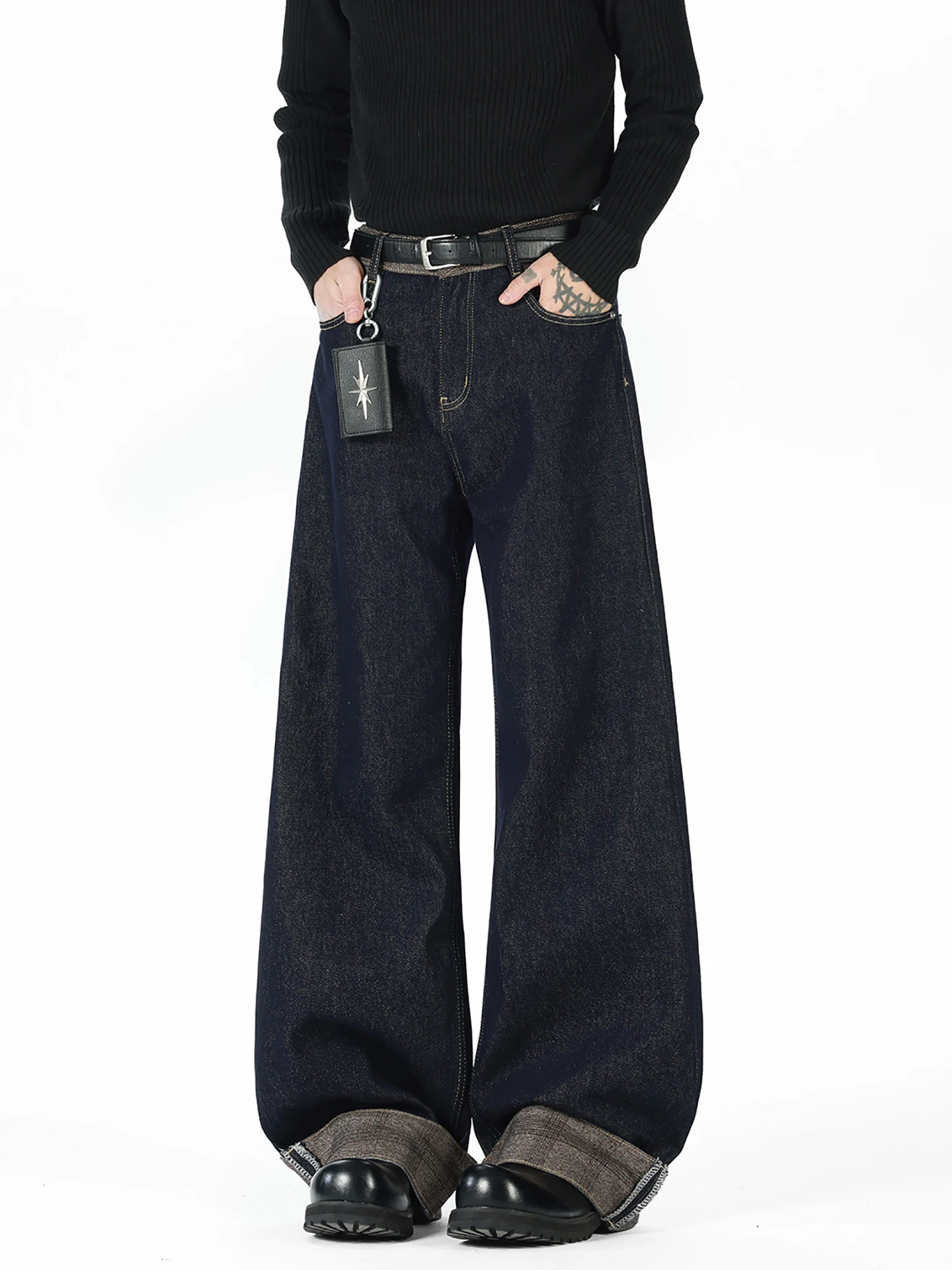 

Мужские широкие джинсы Boyue в американском ретро-стиле с клетчатыми вставками и манжетами, повседневные, простые, в стиле High Street