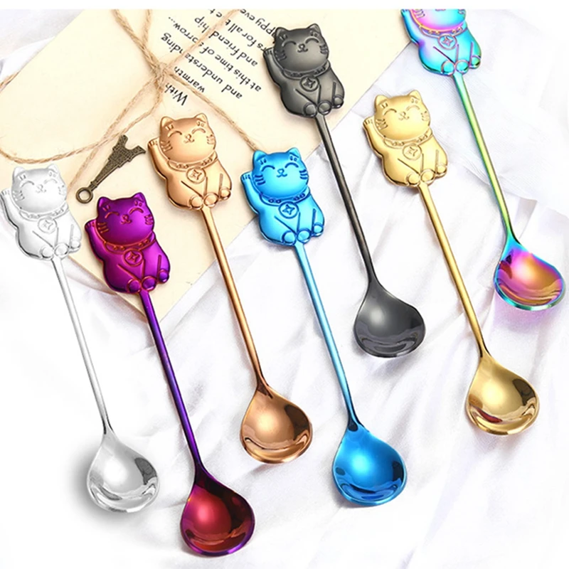 

10Pcs 304 Stainless Steel Lucky Cat Handle Coffee Scoops Ice Cream Dessert Spoon Restaurant & Bar Stirring Spoons