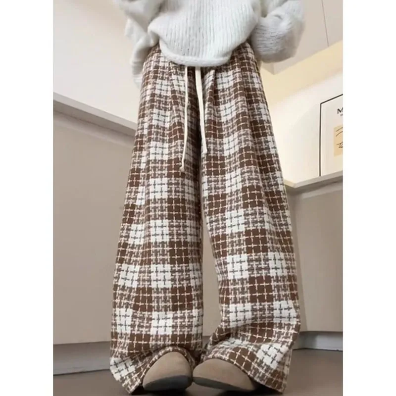 2024 Autumn and Winter Plaid Woolen Thickened Straight Leg Pants Women's Loose Casual All-match Pants Slimming Trousers