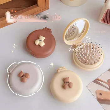 مشط صغير لطيف قابل للطي للرأس على شكل كيس هوائي كرتوني، مشط وسادة هوائية مع مرآة مكياج، أدوات مشط تصفيف الشعر المحمولة