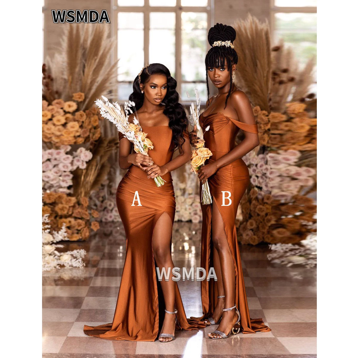 Vestidos de dama de honra africano 2022 sereia fora do ombro split cetim dama de honra vestido elegante feminino para festa de casamento