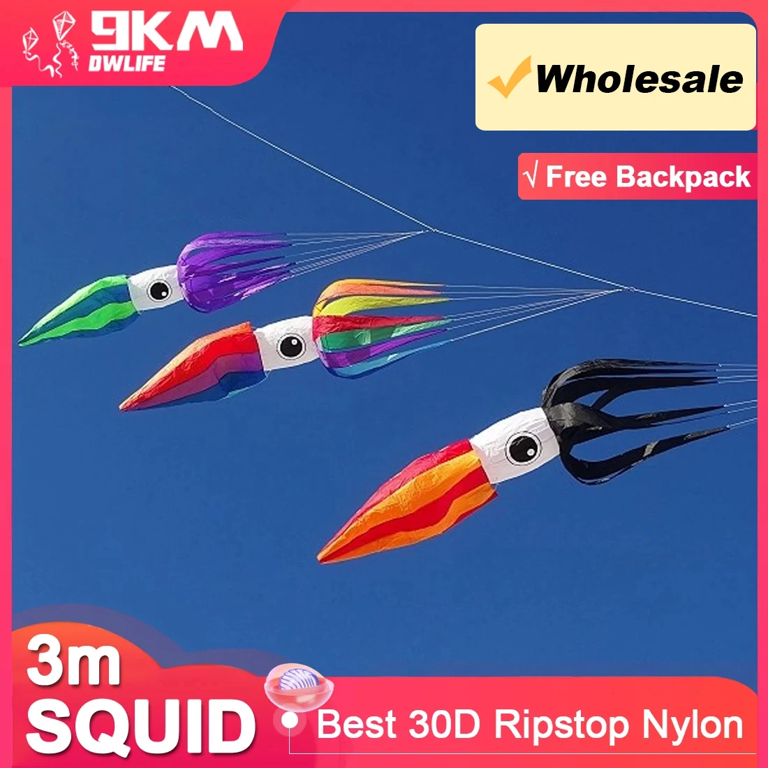 

9KM Wholesale 3m Squid Kite Line Laundry Pendant Soft Inflatable Show Kite for Kite Festival 30D Ripstop Nylon Fabric