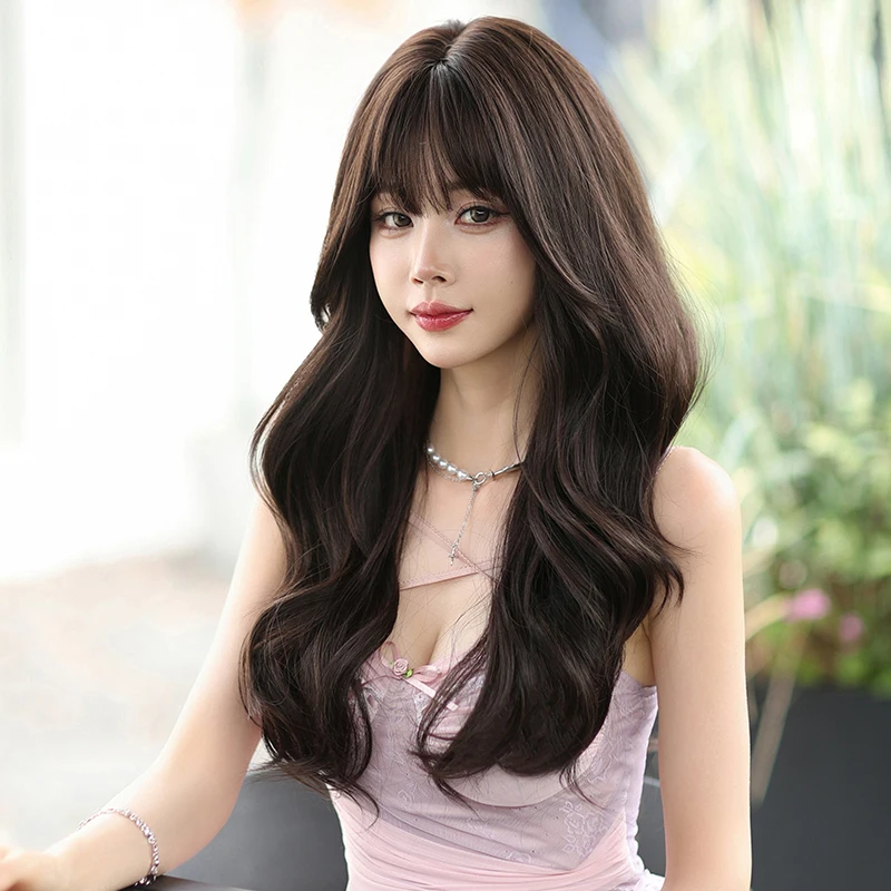 7JHH WIGS High Density Synthetic Dark Brown Wig for Women Daily Use Long Body Wavy Black Tea Wigs with Bangs Beginner Friendly