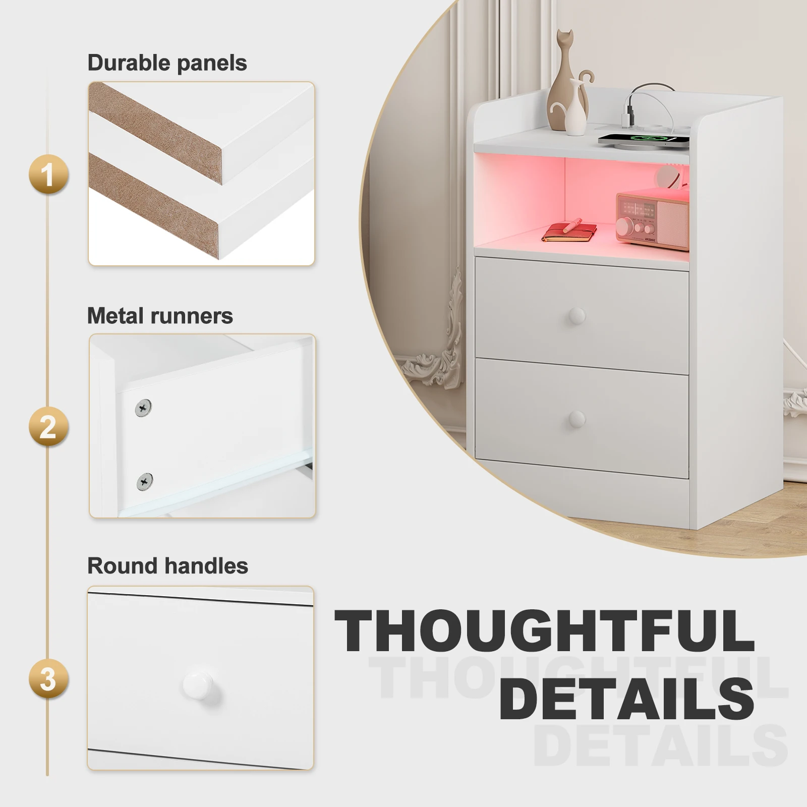 WOLTU Nachttisch, Nachttisch mit Ladestation, USB-Steckdosen, Anschlüsse, Beistelltisch mit LED-Licht, Bettüberzugs-Tisch, Schlafzimmer-Tisch aus Holz – Detail 10