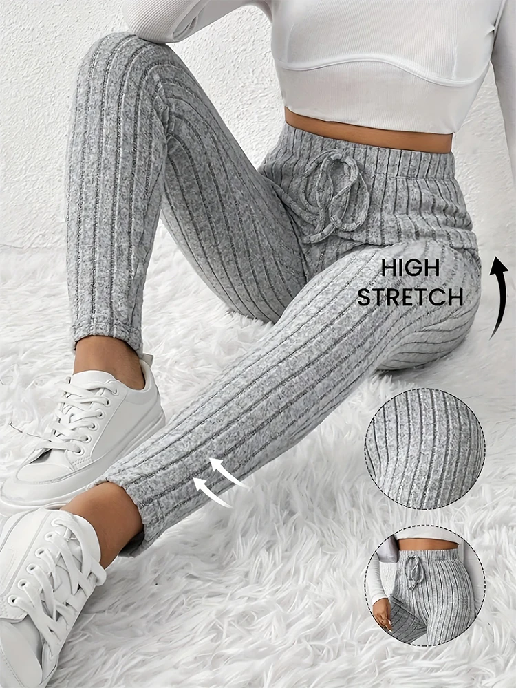 Casual Solid Color Drawstring Stripe Women Leggings Autumn Elastic Slim-fitting Sports Legging Grey Daily Woman Fashion Clothing