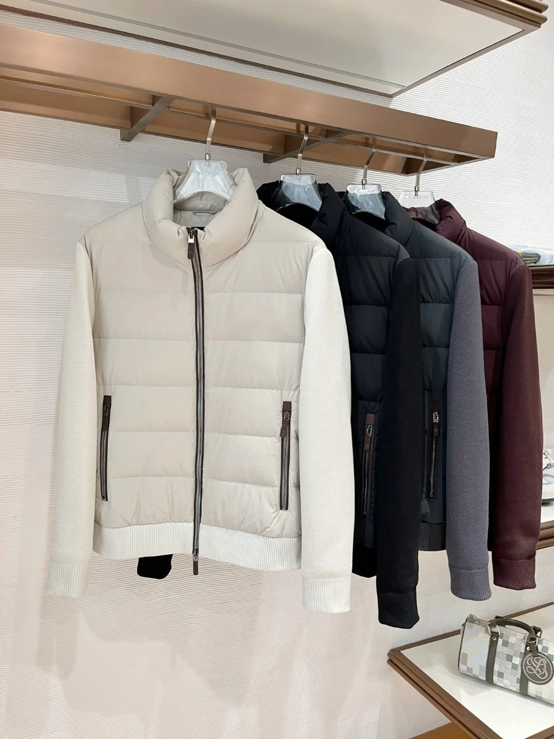 

Italian Sle Men's Lightweight Luxury Nylon Knitted Patchwork down Jaet Stand Collar Open Cardigan Autumn Winter Coat