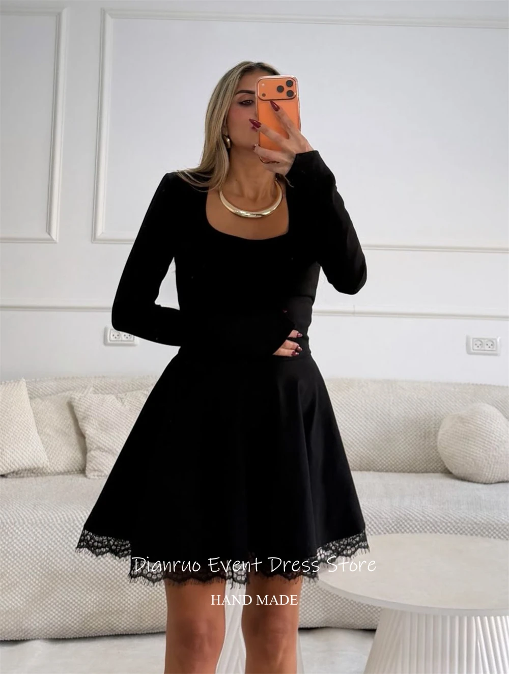เดรสออกงานทรงเอ คอเหลี่ยม แบรนด์ Dianruo สีดำ แต่งจีบ ชุดงานเลี้ยง ชุดวันเกิด แขนยาว ความยาวสั้น รับตัดตามสั่ง