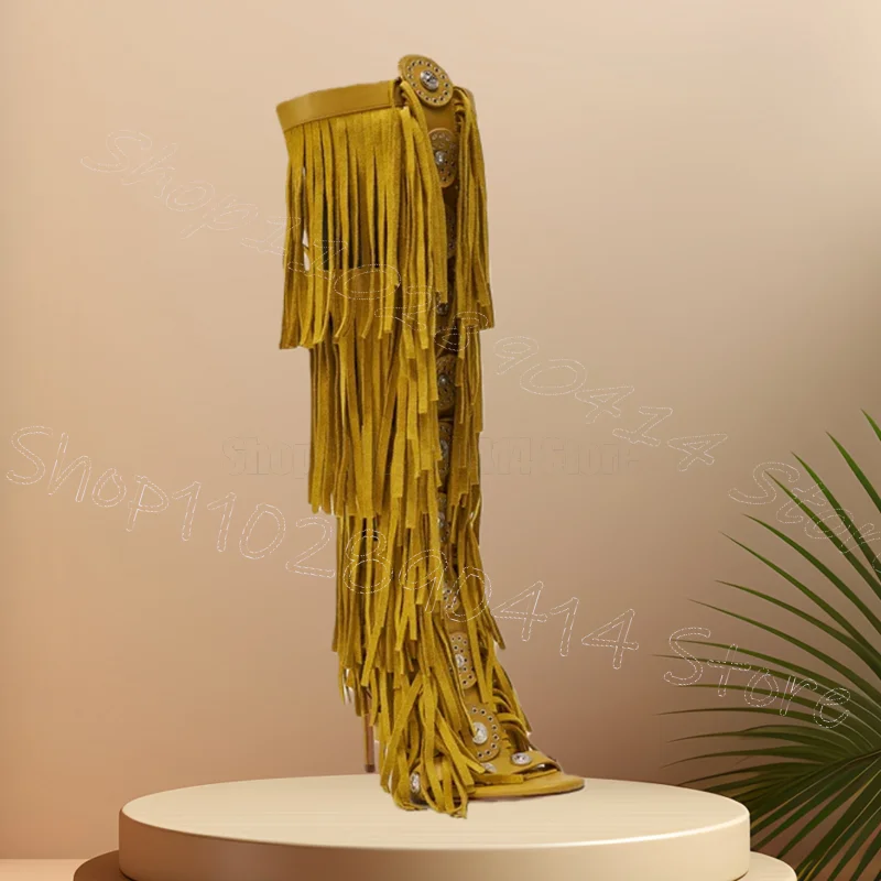 

Yellow Tassels Metal Button Open Toe Sandals Boots Back Zipper Women Shoes Thin High Heels Party Dating 2026 Zapatos Para Mujere