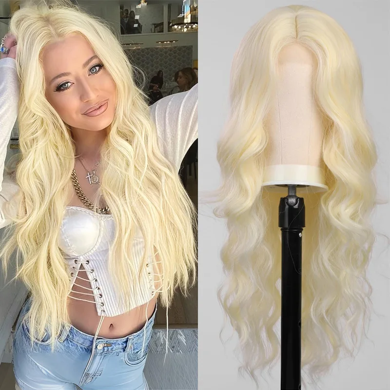 Best-selling new fashion midsection wig women's long curly blonde hair synthetic fiber high temperature silk wig full head cover