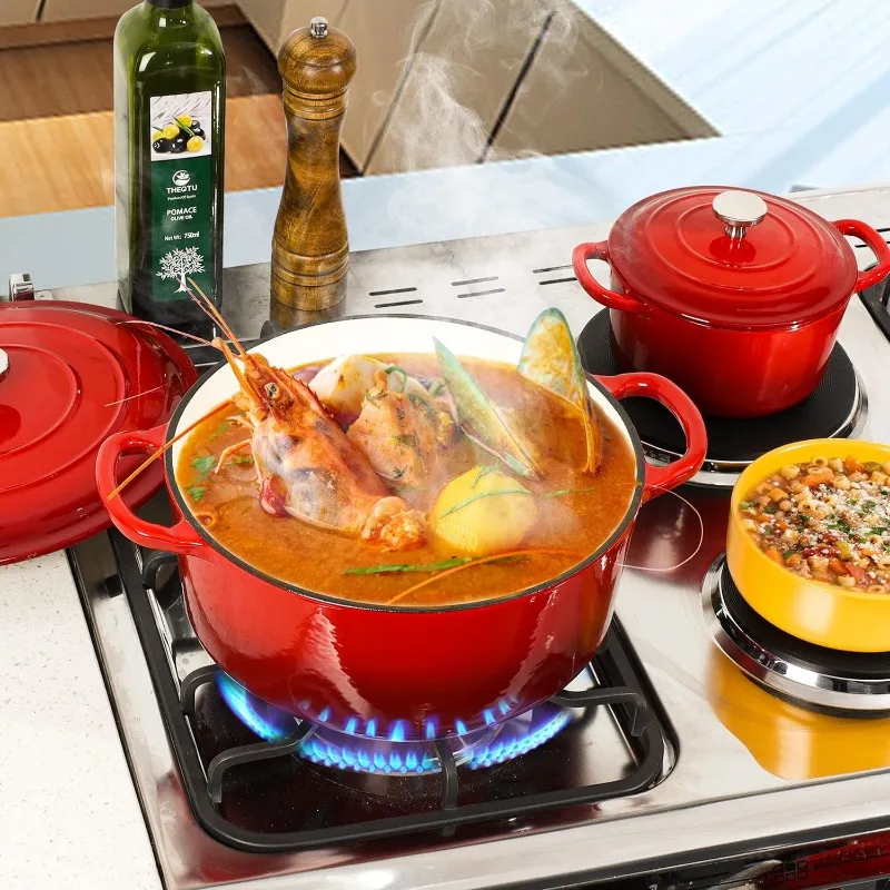 Ensemble de four hollandais en fonte émaillée avec légumes, marmite en fonte rouge, 6QT, 1,5 QT, 2 pièces