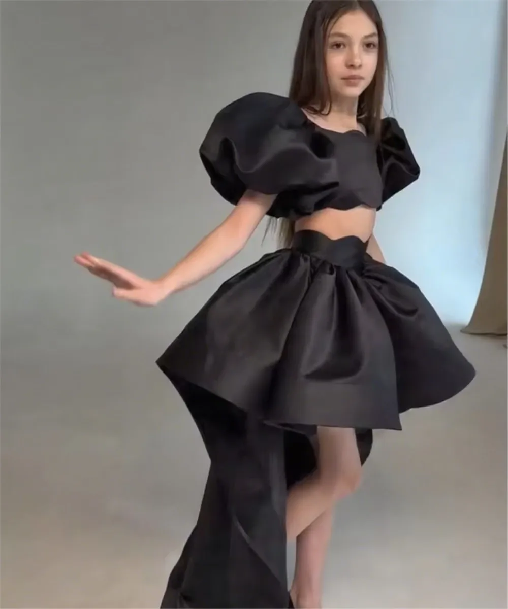 

2pcs Set Customized Black Flower Girl Dresses For Wedding Satin Mini Knee Length Kids Birthday Party First Communion Ball Gown