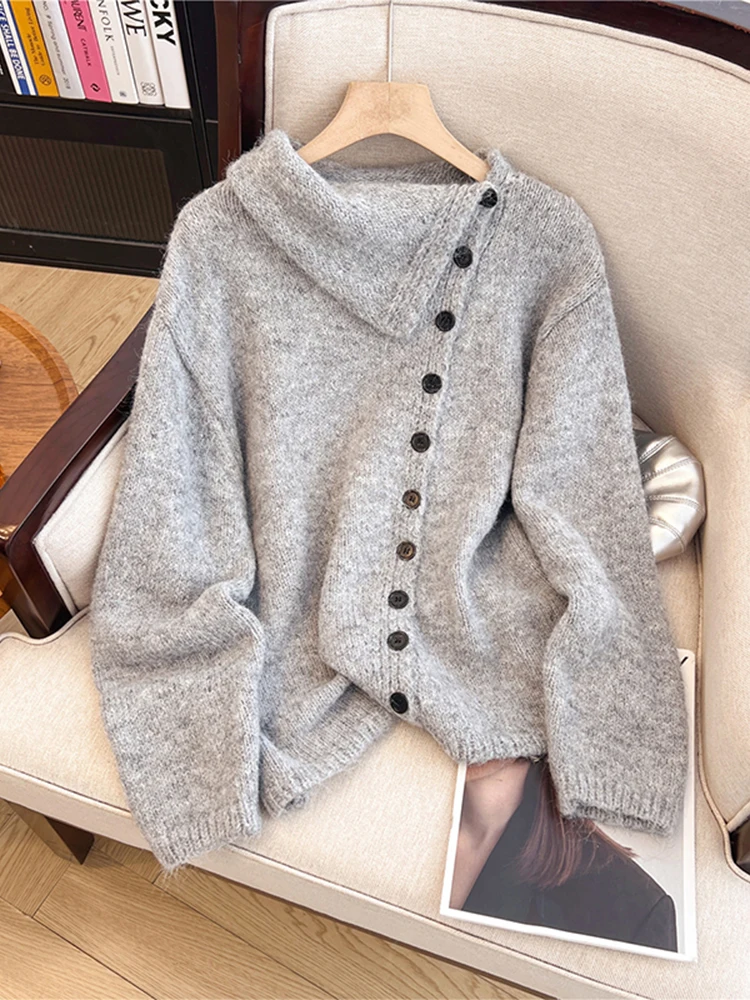 Women Light Grey Cardigan Cozy Sweater Harajuku Long Sleeves Sweaters Jumper 90s Aesthetic Vintage Y2k 2000s Clothes Autumn 2024