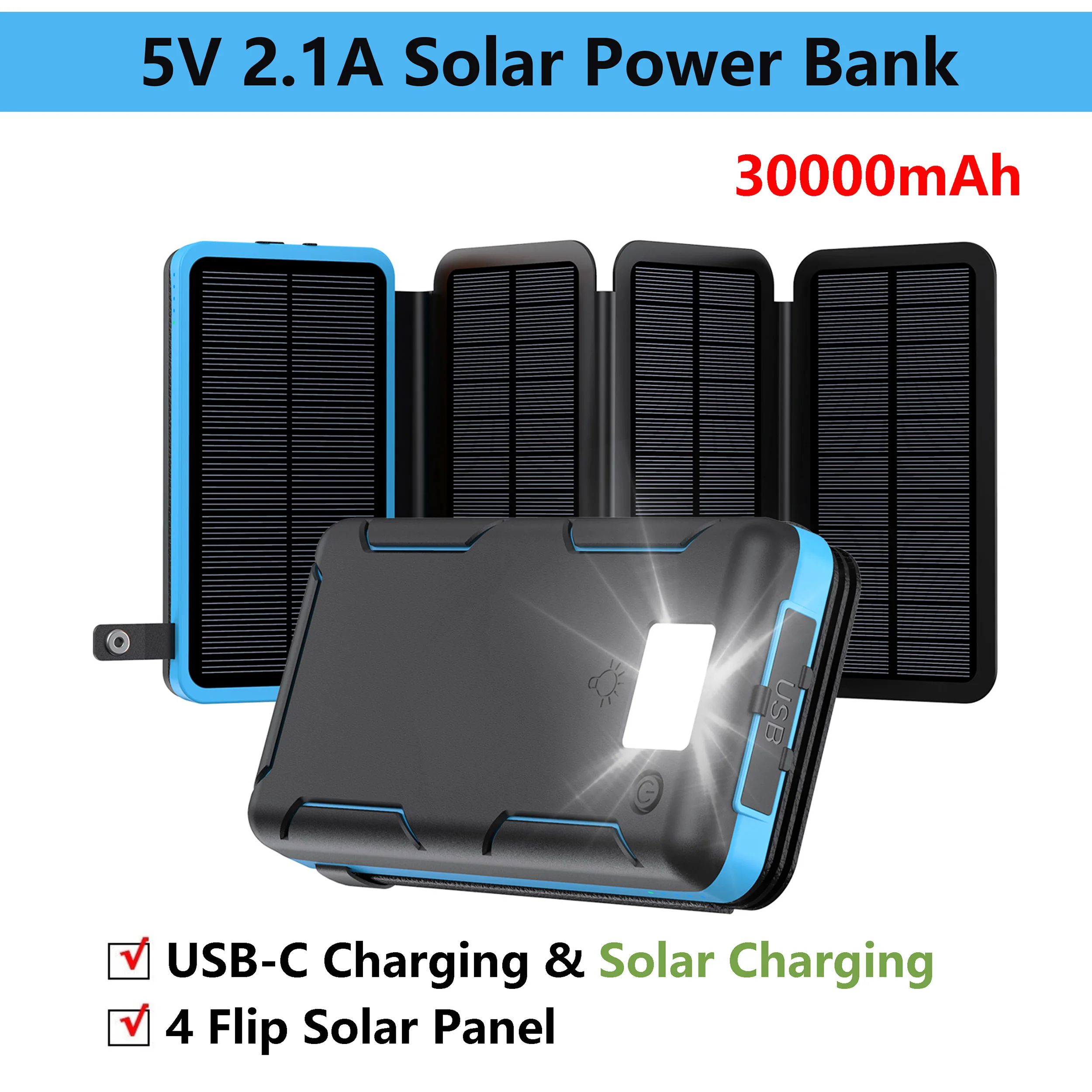 

30000mAh Solar Power Bank Flip Panel Large Capacity iOS/Android USB fast charge dual charging solar/Type-C portable for camping