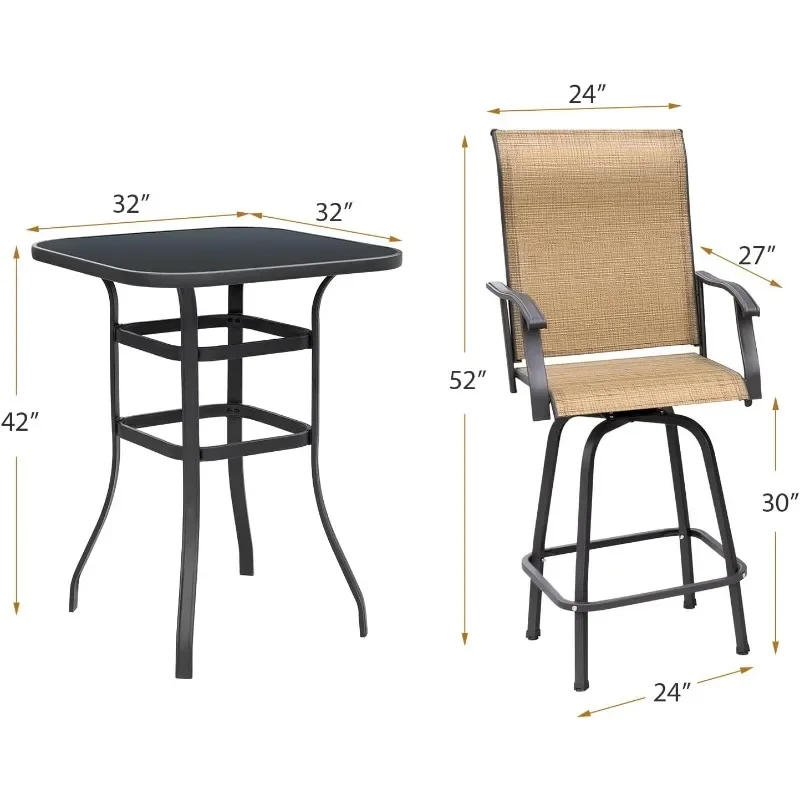 Patio Swivel Bar Set 3 Pieces Patio High Top Bar Table and Stools Chairs Set Textilene Sling Fabric