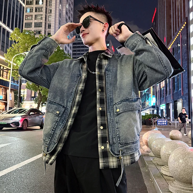 

GIOIOM's джинсовая куртка, осенняя новая высококачественная лоскутная мужская куртка с отложным воротником из двух частей, свободная повседневная джинсовая куртка