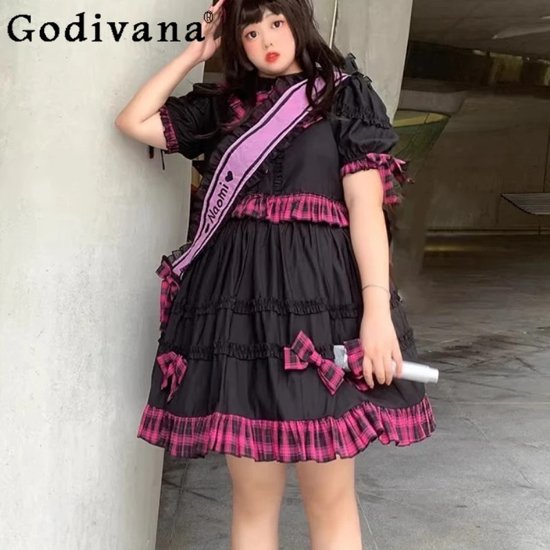 

L-3XL Plus Size Girl Summer New Lolita Song Clothes Rose Red Sweet Bow A-line Cute Leisure Cake Skirt Short Sleeve Crew Neck Top