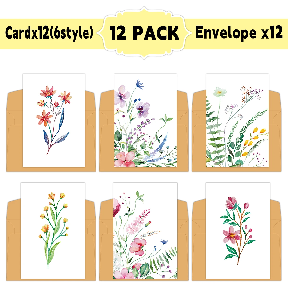 12 Stück Aquarell-Blumen-Grußkarten mit botanischem Design und Umschlägen für Dankeschön, Geburtstag, Hochzeit, Brautparty, alle Gelegenheiten – Detail 4