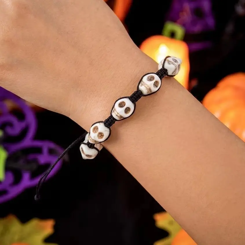 New Design White Skull Head Beaded Bracelet for Women Men Handmade Rope Braided Skeleton Bracelets Halloween Party Jewelry Gift